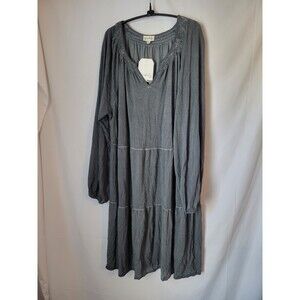 Wonderly Women's Plus 2X Tiered Smocked V-Neck Dress Charcoal Grey Long Sleeve